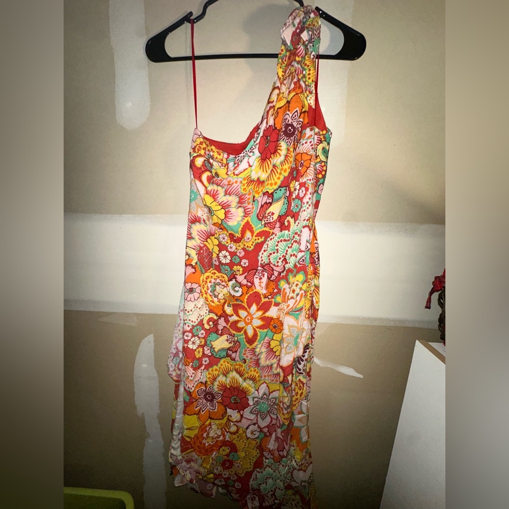 Floral One Shoulder Dress in Red and Orange
